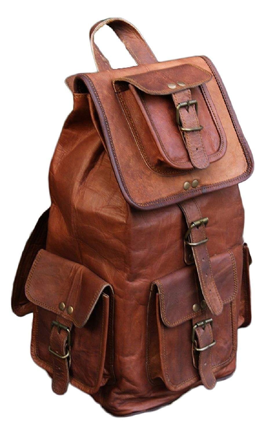 A vintage brown full-grain goat leather backpack with multiple pockets and brass buckles.